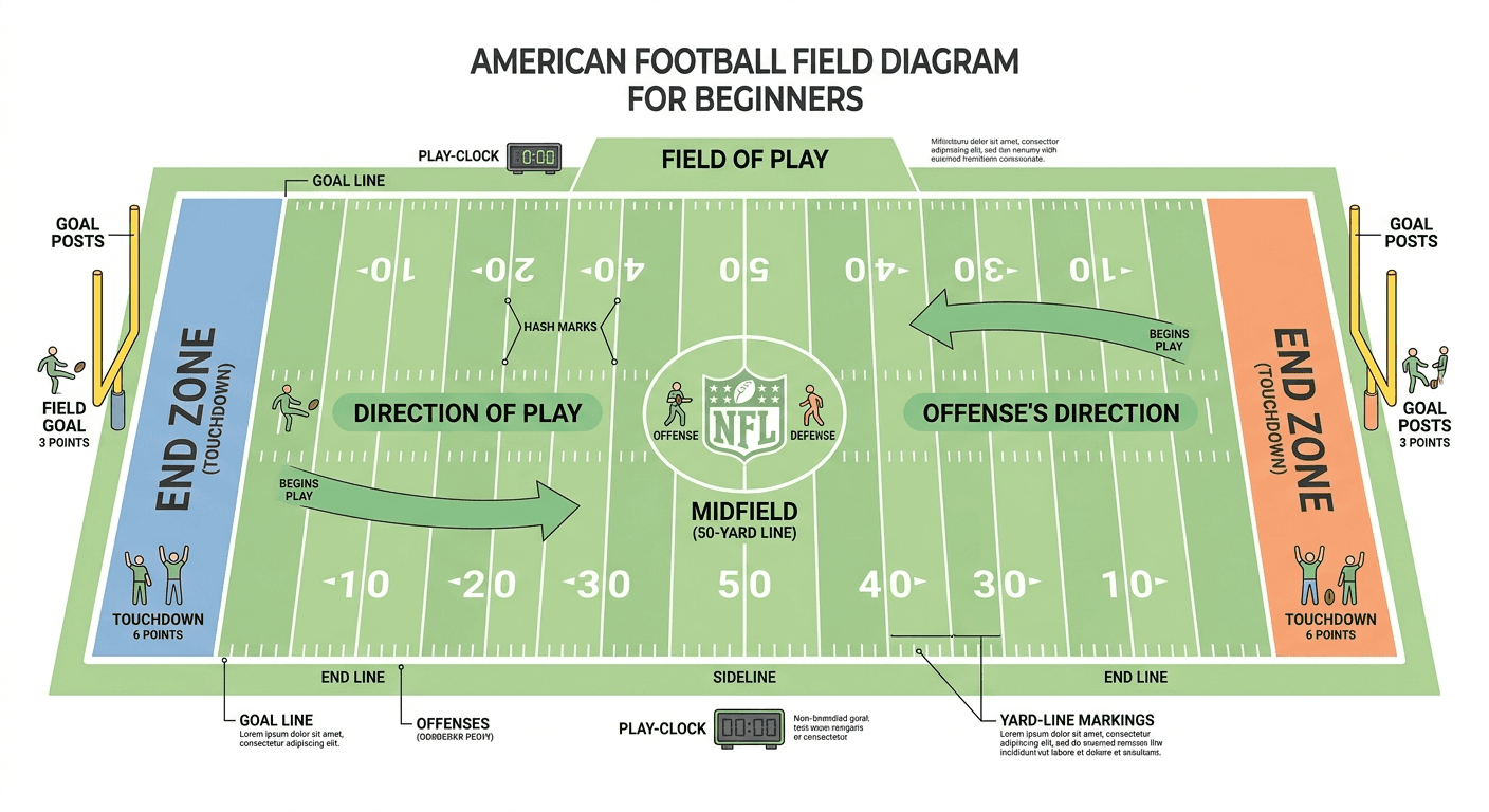 Illustration of an American football field with end zones, yard lines, midfield, and goal posts.