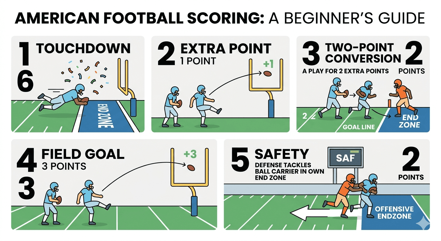 Illustration comparing the main ways to score in American football.