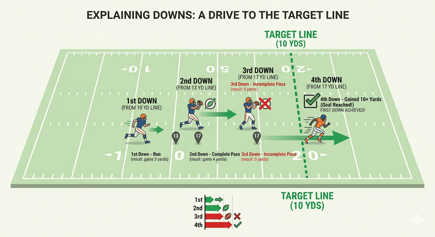 Illustration explaining four downs, a 10-yard target, and how forward progress counts.